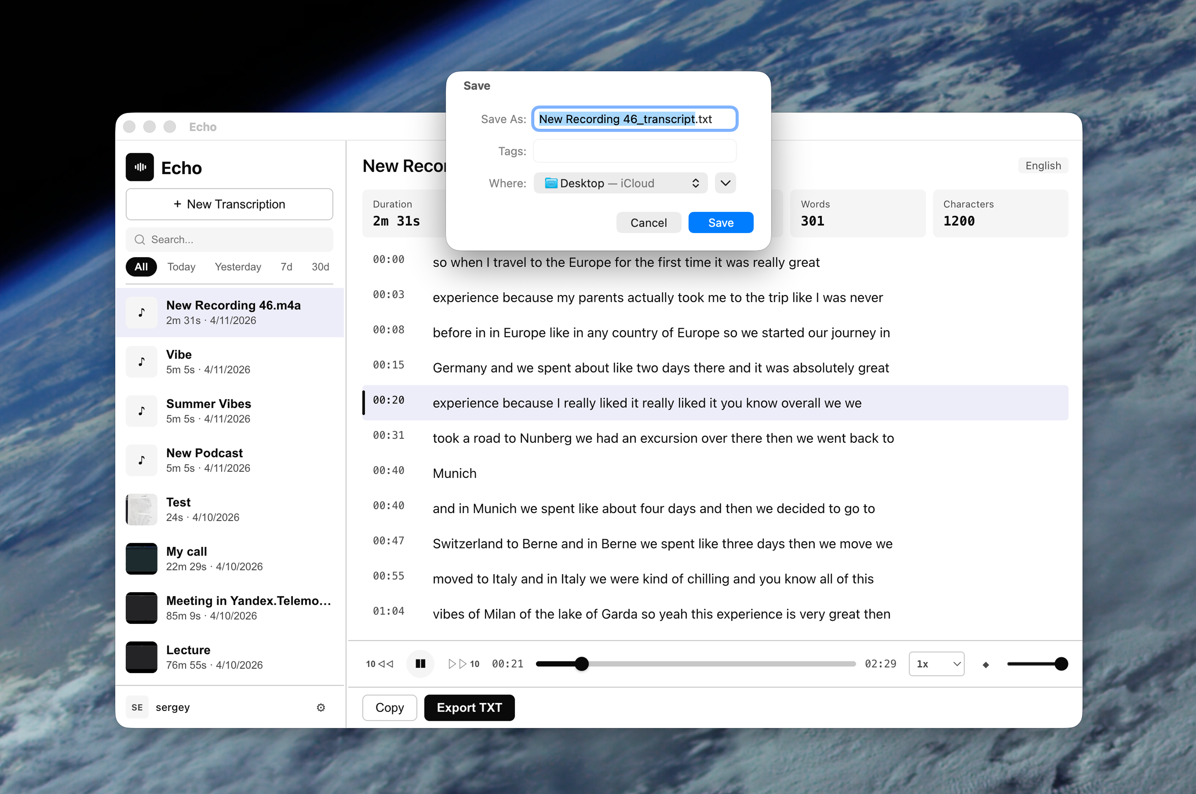 Exporting transcript from Echo