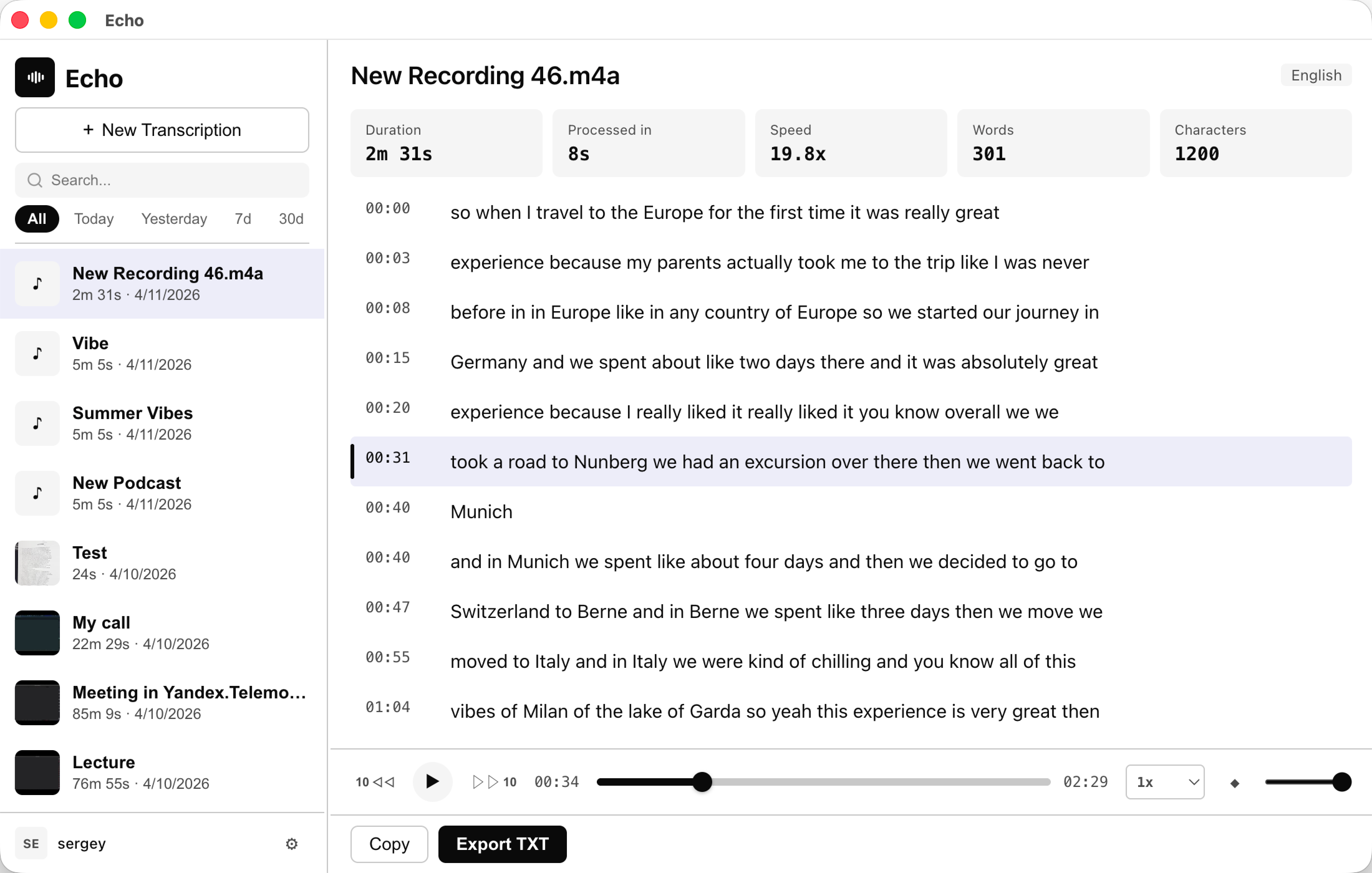 Echo showing completed transcript